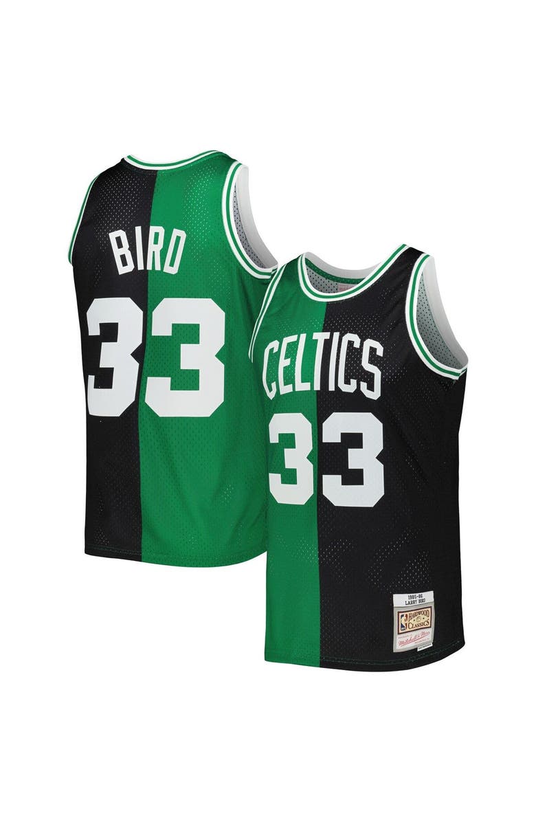 Mitchell & Ness Men's Mitchell & Ness Larry Bird Black/Kelly Green Boston Celtics Hardwood Classics 1985/86 Split Swingman Jersey, Main, color,