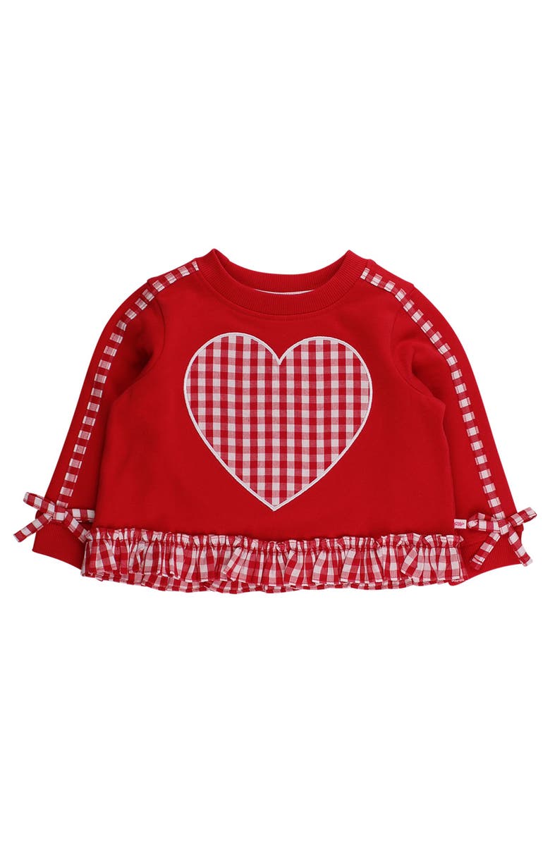 RuffleButts Applique Ruffle Bow Sweatshirt, Main, color, Heart Red Gingham
