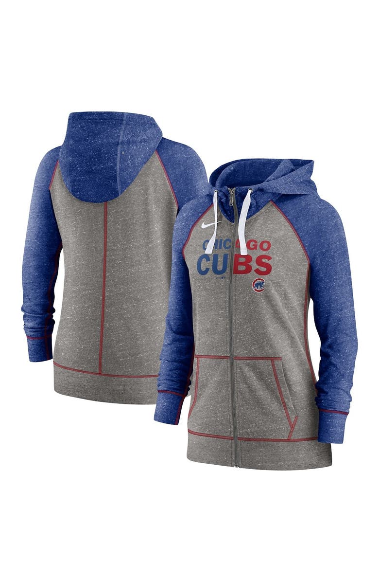 Nike Women's Nike Heather Charcoal/Heather Royal Chicago Cubs Split Wordmark Gym Vintage Raglan Lightweight Full-Zip Hoodie, Alternate, color, 