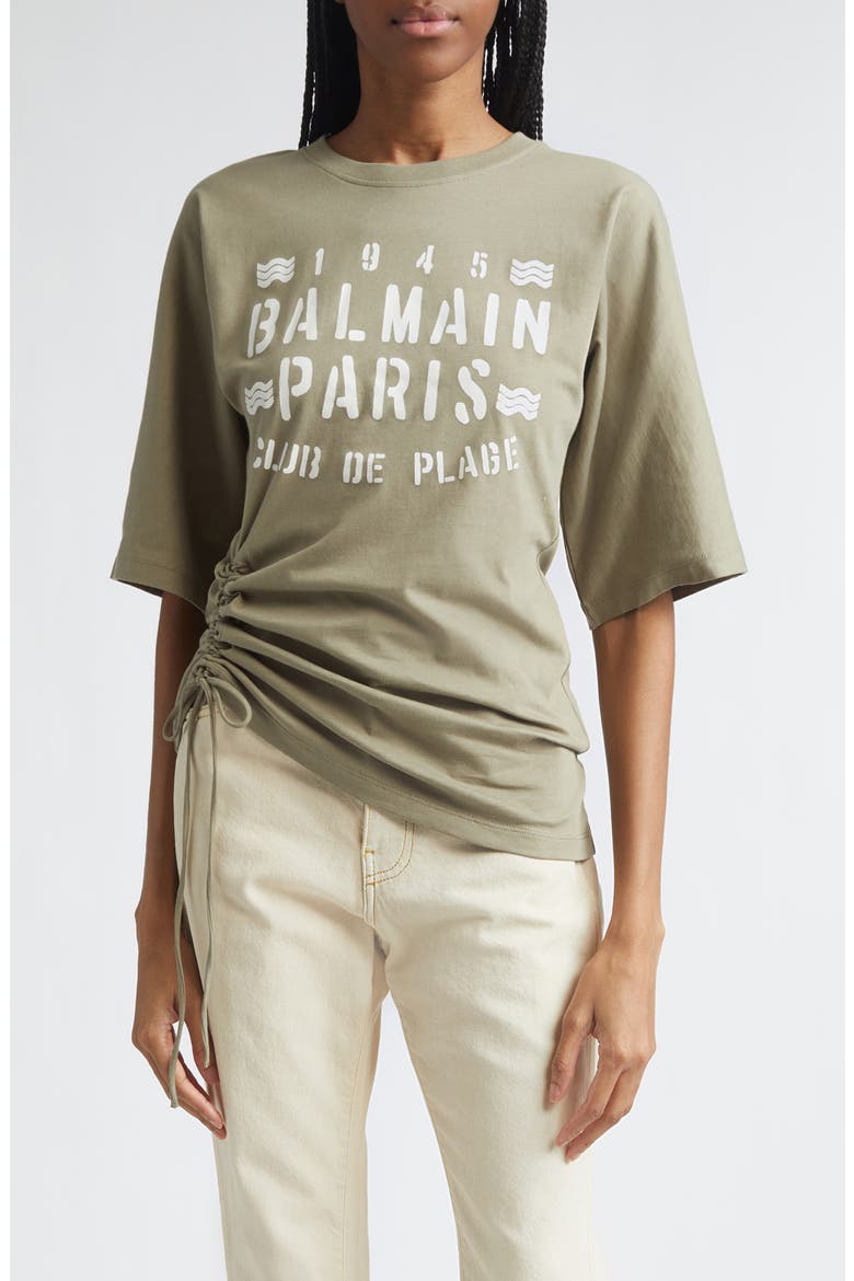 Club 45 Ruched Graphic T-Shirt, Main, color, UJA PALE GREEN/ MULTI