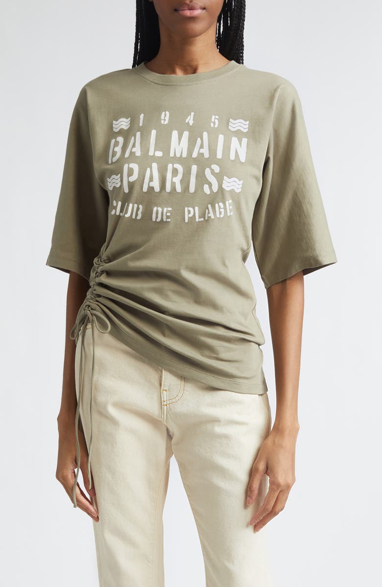 Balmain Club 45 Ruched Graphic T-Shirt, Main, color, Uja Pale Green/ Multi
