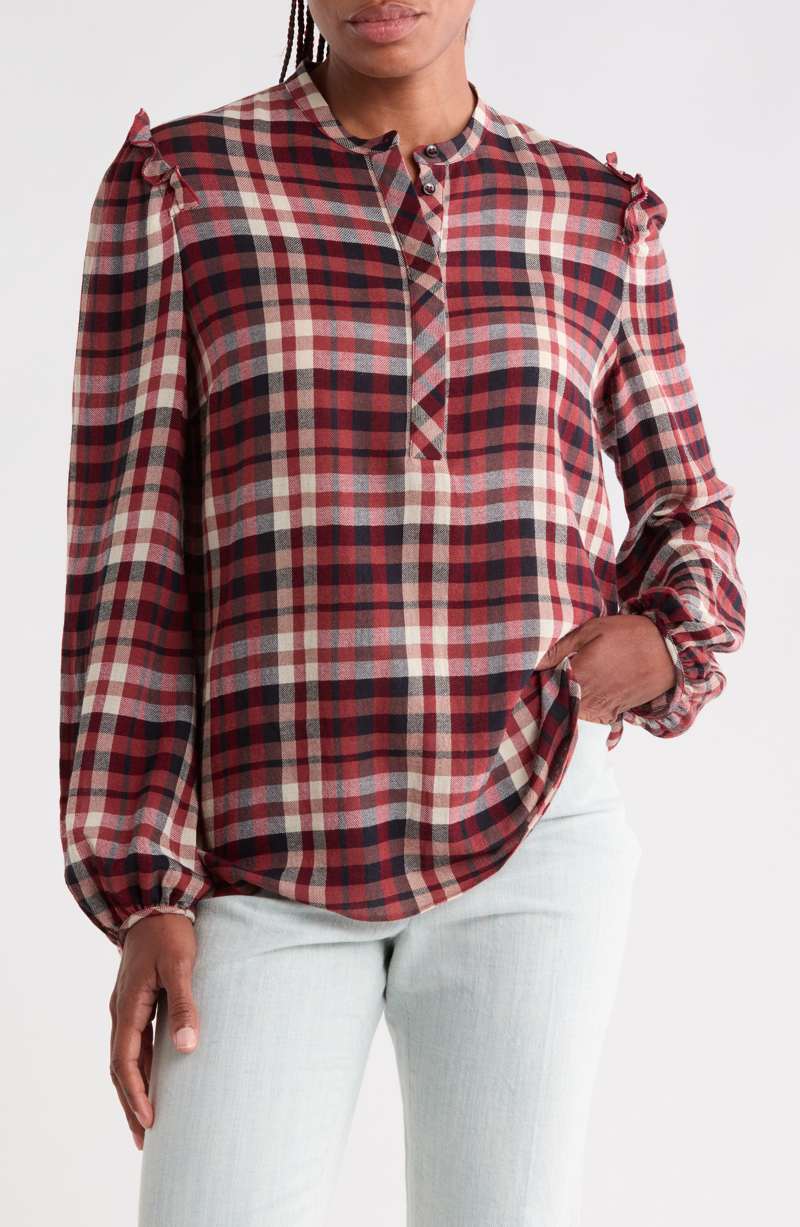 Ruffle Shoulder Long Sleeve Blouse