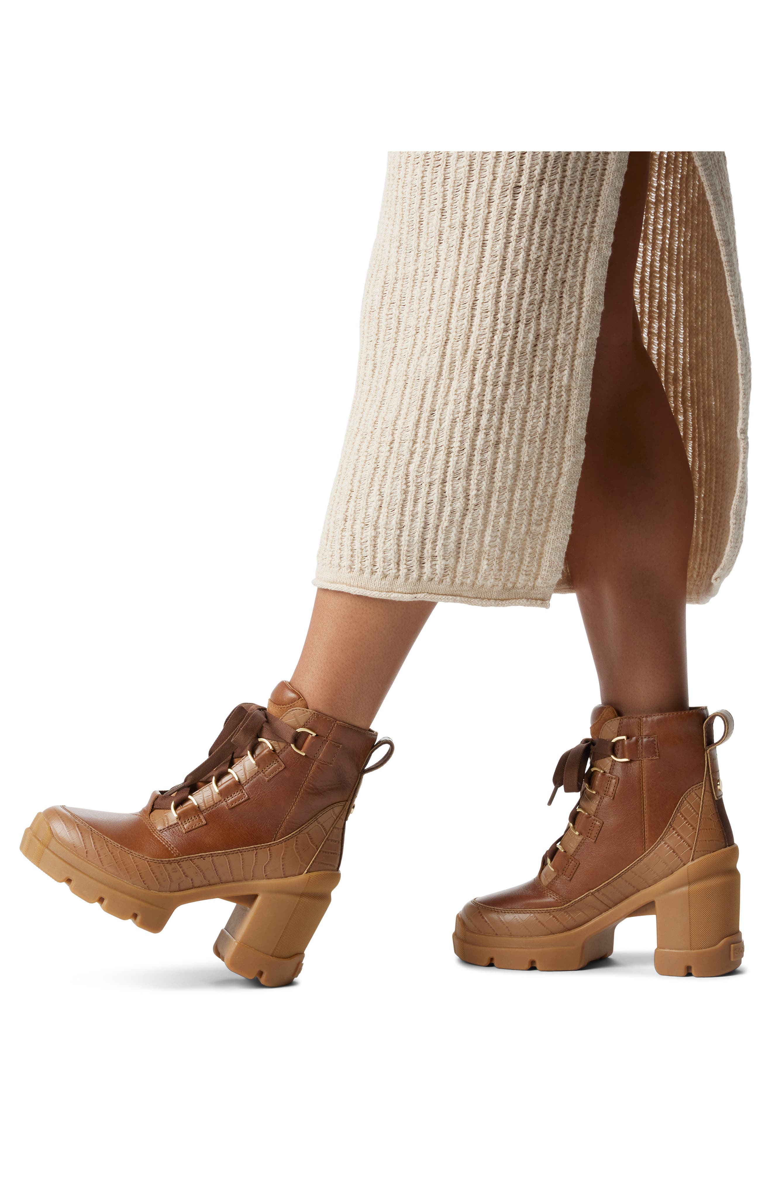 SOREL Caribou X Waterproof Lace-Up Block Heel Bootie, Alternate, color, Velvet Tan/ Tobacco