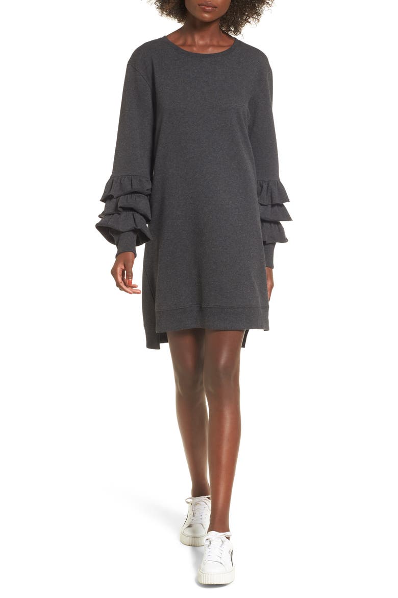 Tier Sleeve Sweatshirt Dress, Main, color, GREY DARK CHARCOAL HEATHER