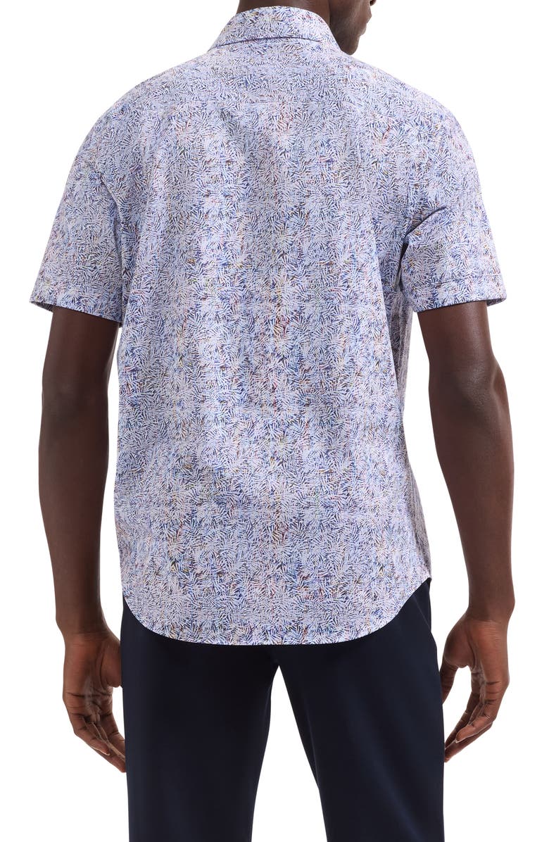 Bugatchi Miles OoohCotton<sup>®</sup> Tropical Leaf Print Short Sleeve Button-Up Shirt, Alternate, color, Iris