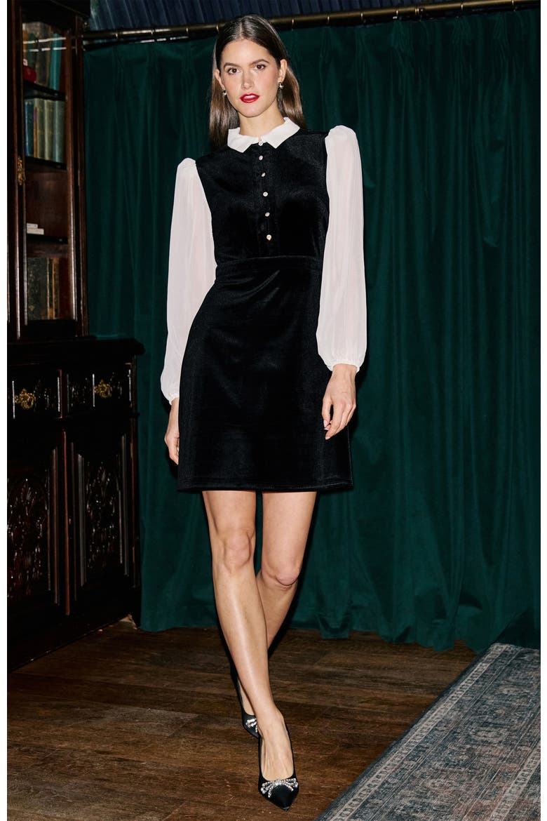 Contrast Long Sleeve Velvet Mini Dress, Alternate, color, Black