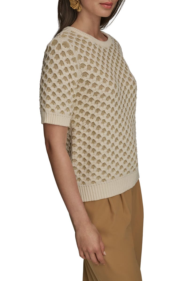 Donna Karan New York Honeycomb Short Sleeve Open Stitch Sweater, Alternate, color, Gold/ Cream