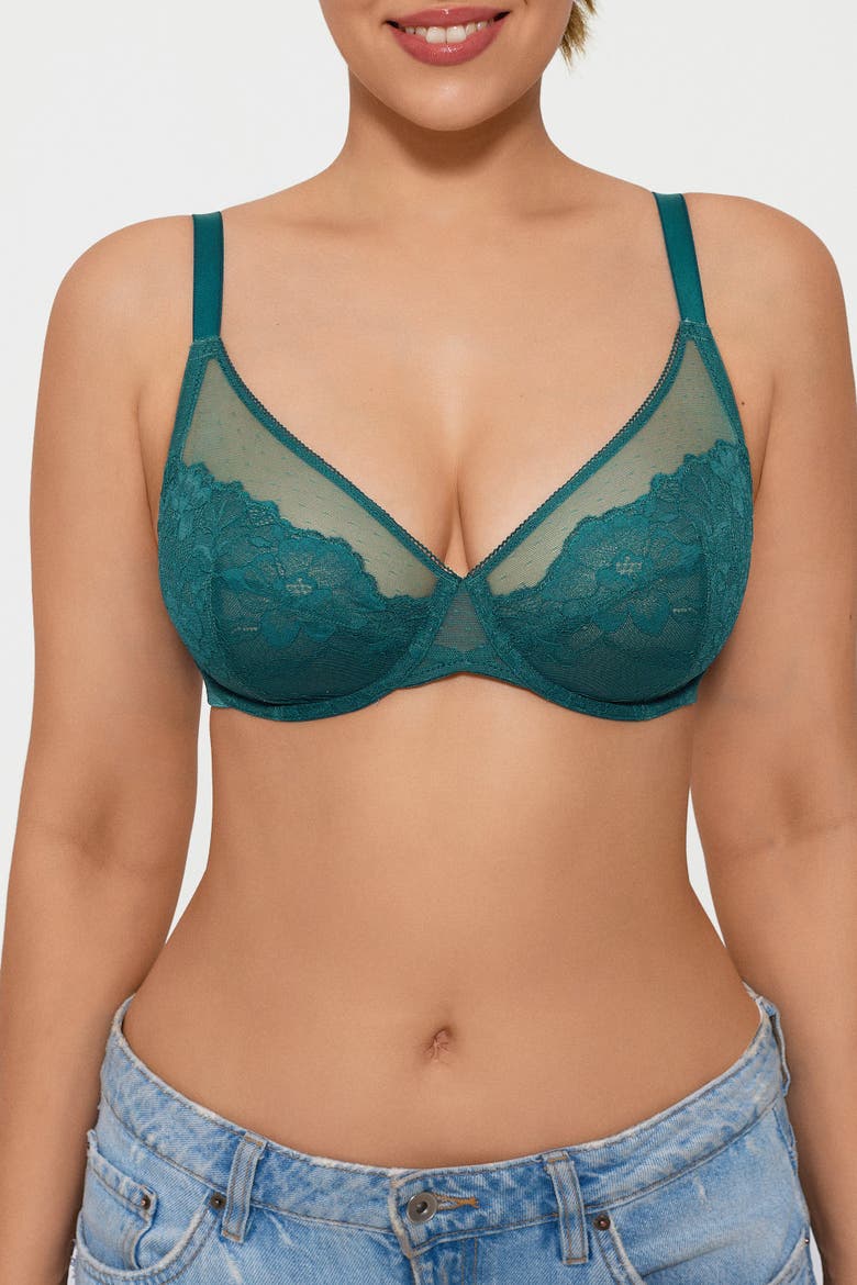 Lightweight Underwire Minimizer Lace Mesh Bra, Alternate, color, Leaf