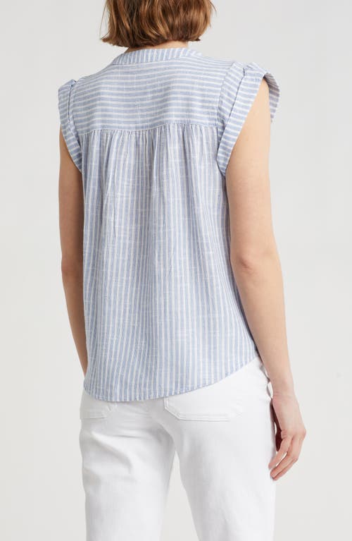 Democracy Stripe Ruffle Front Cap Sleeve Poplin Top In Blue