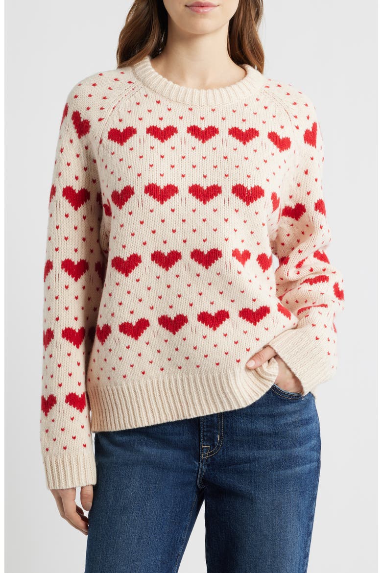 The Intarsia Heart Wool Blend Sweater, Main, color, PEARL W/ RED