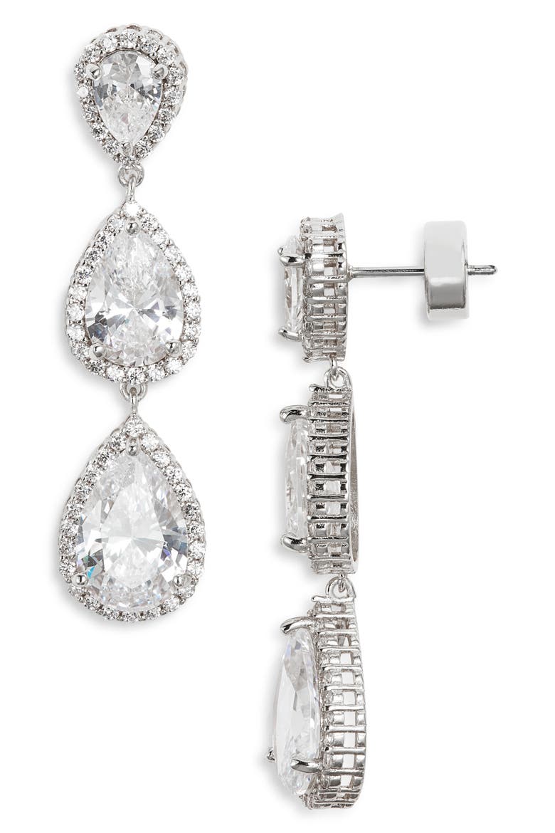 Cubic Zirconia Triple Drop Earrings, Main, color, CLEAR- SILVER