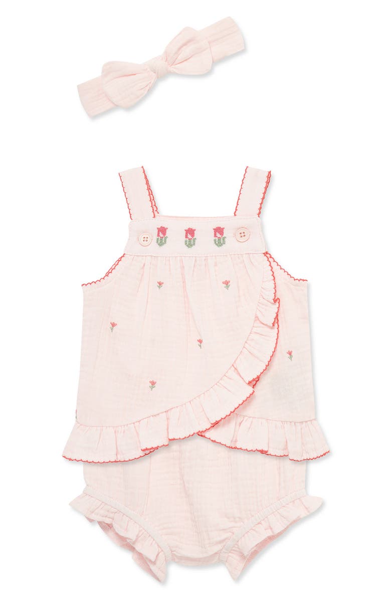 Little Me Tulip Embroidery Shirt, Shorts & Headband Set, Alternate, color, Pink