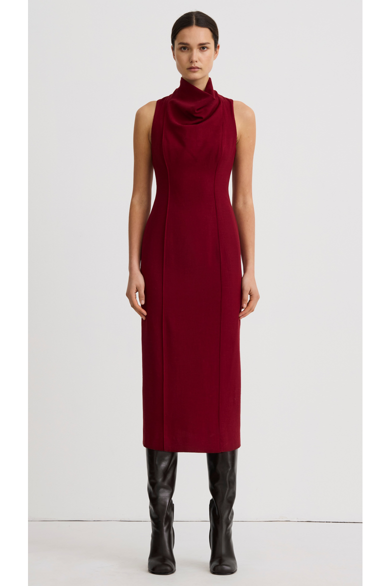 Funnel Neck Midi Dress, Main, color, Garnet Fleck