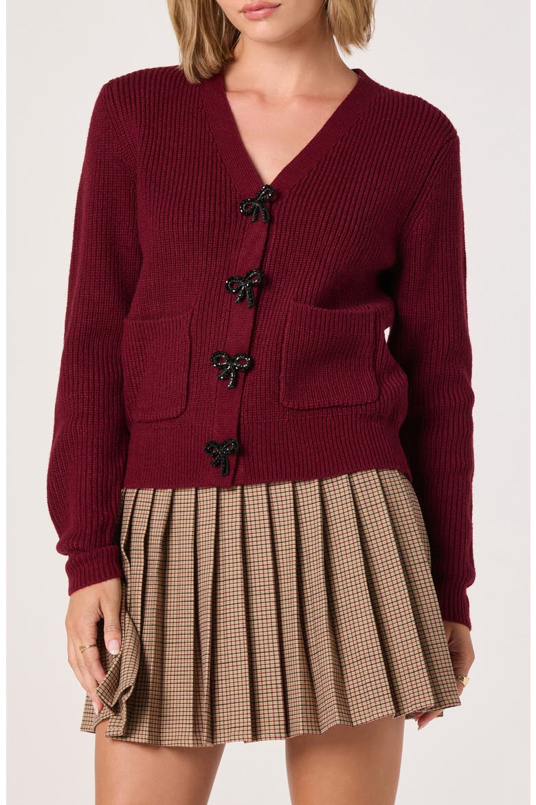 Crystal Embellished Bow Detail Cardigan, Main, color, BURGUNDY