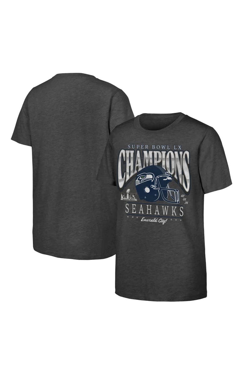FANATICS Youth Fanatics Charcoal Seattle Seahawks Super Bowl LX Champions Prestigious Run Helmet T-Shirt, Main, color, Charcoal