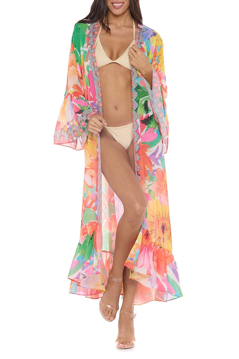 Floral Print Ruffle Sleeve Duster, Main, color, ORANGE