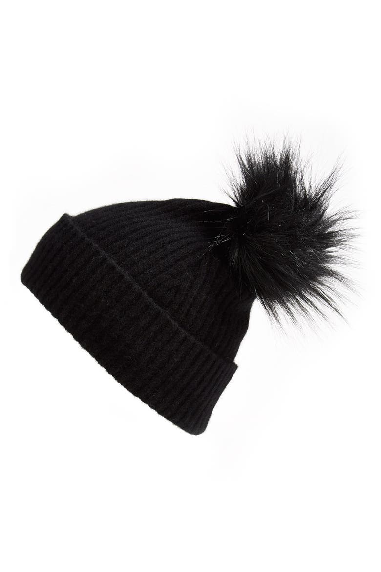 Faux Fur Pom Cashmere Blend Beanie, Main, color, BLACK