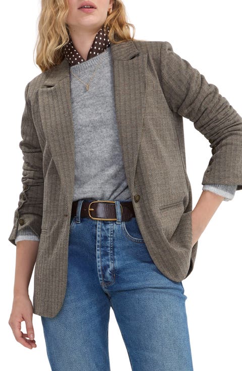 Button Sleeve Herringbone Tweed Jacket