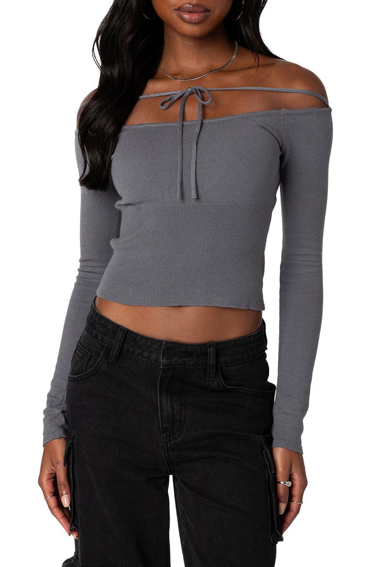 Jane Tie Front Off the Shoulder Long Sleeve Crop Top, Main, color, GRAY