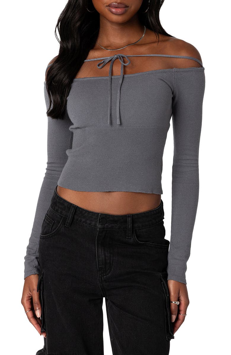 EDIKTED Jane Tie Front Off the Shoulder Long Sleeve Crop Top, Main, color, Gray