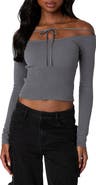 EDIKTED Jane Tie Front Off the Shoulder Long Sleeve Crop Top
