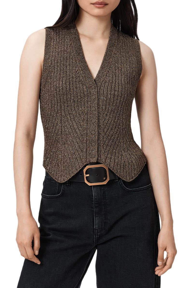 AllSaints Cruz Shine Knit Waistcoast, Main, color, Bronze Brown