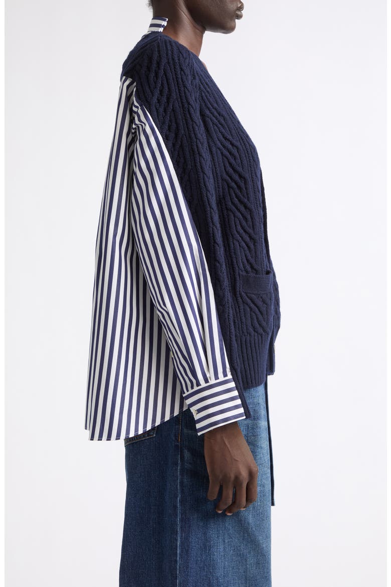 Mixed Media Wool Cable & Poplin Shirt Cardigan, Alternate, color, NAVY/ NAVY STRIPE