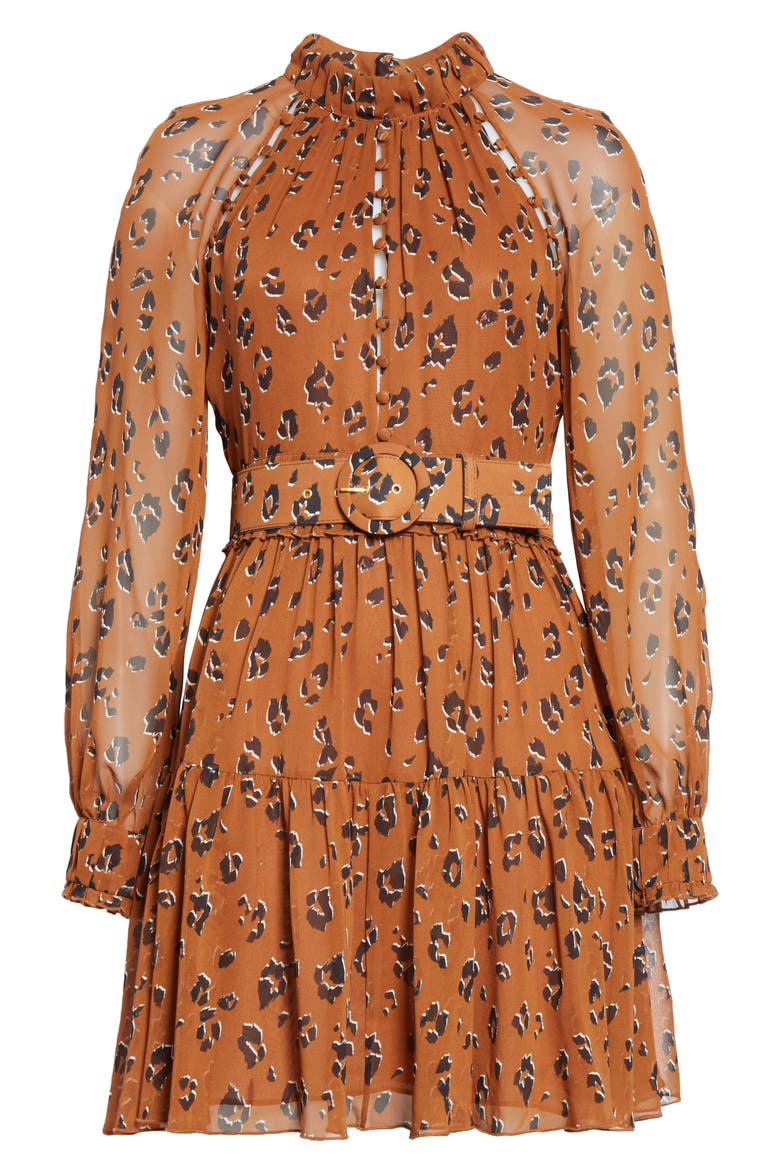 Leopard Print Long Sleeve Belted Silk Minidress, Alternate, color, LIGHT TOBACCO LEOPARD