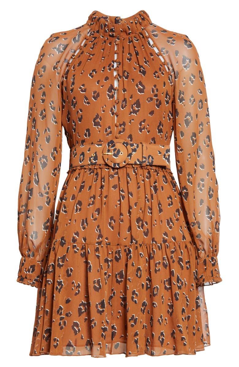 NICHOLAS Leopard Print Long Sleeve Belted Silk Minidress, Alternate, color, 