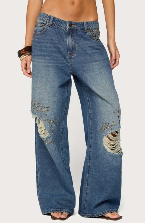 Eunia Studded Low Rise Baggy Wide Leg Jeans