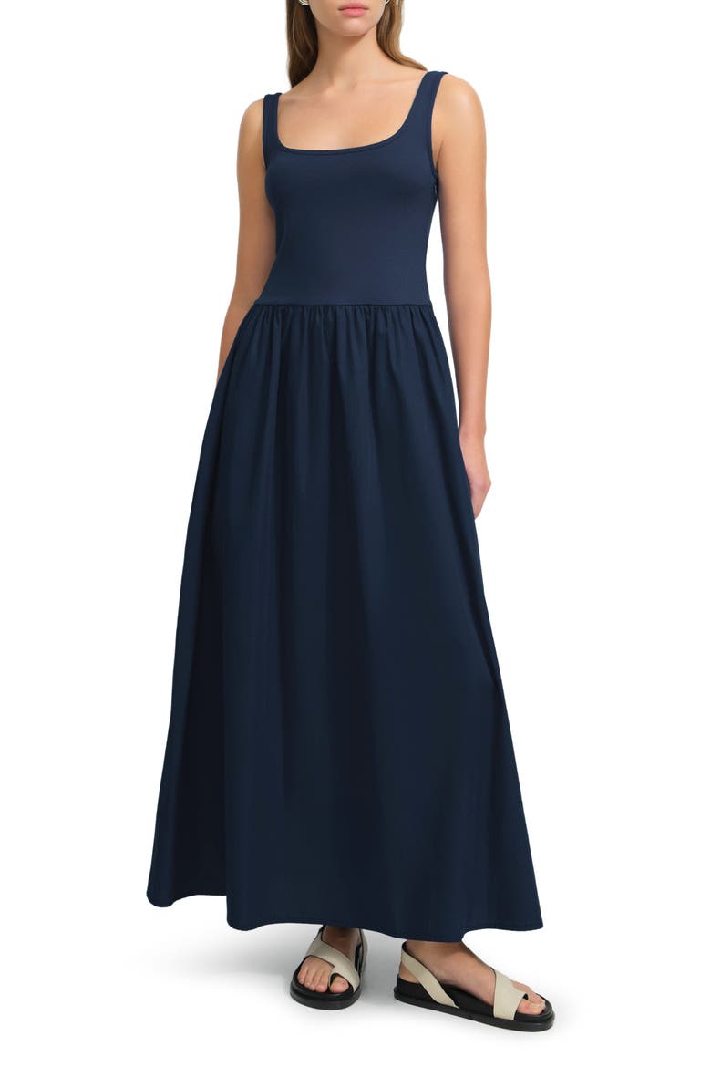 Clara Mixed Media Ponte & Cotton A-Line Dress, Main, color, DEEP INDIGO