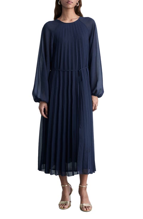 Pleated Long Sleeve Belted Dress
