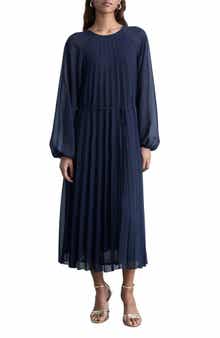 MANGO Pleated Long Sleeve Belted Dress