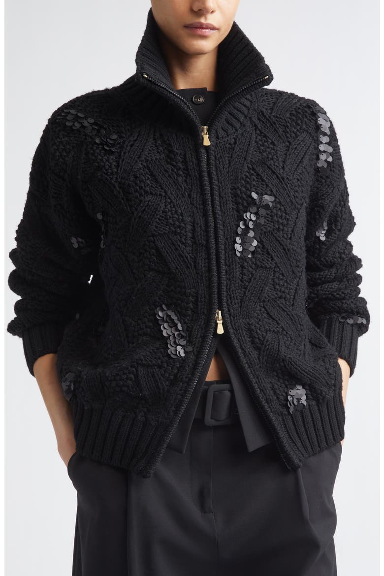 Sequin Embellished Cable Stitch Wool Zip Cardigan, Alternate, color, 22 BLACK