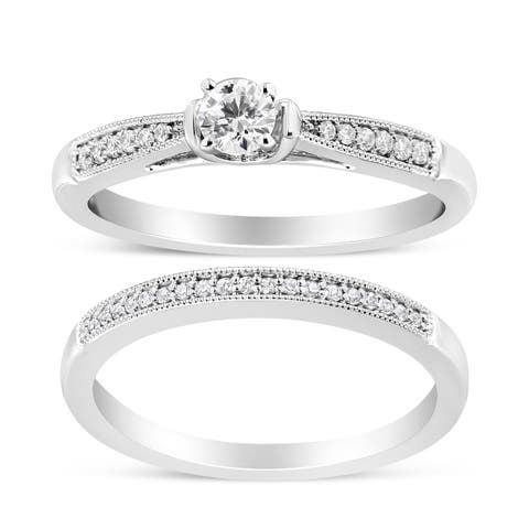 Silver 1/3 Cttw Diamond Engagement Ring Bridal Set with Milgrain