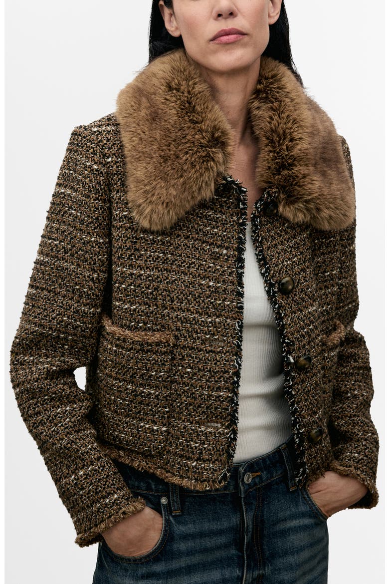 Fringe Tweed Jacket with Faux Fur, Main, color, BROWN