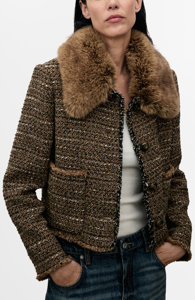 MANGO Fringe Tweed Jacket with Faux Fur, Main, color, Brown