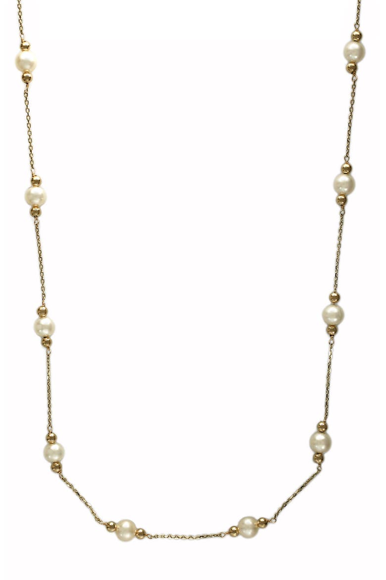 14K Yellow Gold Freshwater Pearl and Polished Bead Station Necklace, Main, color, 14K Gold