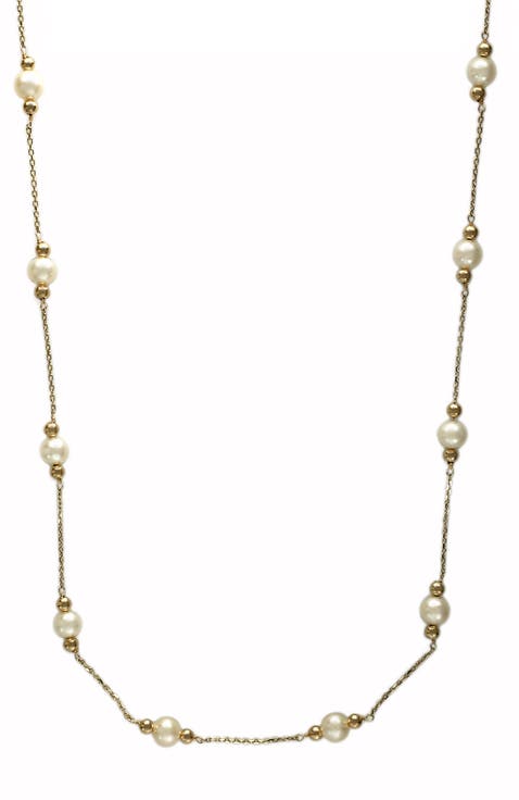 14K Yellow Gold Freshwater Pearl and Polished Bead Station Necklace