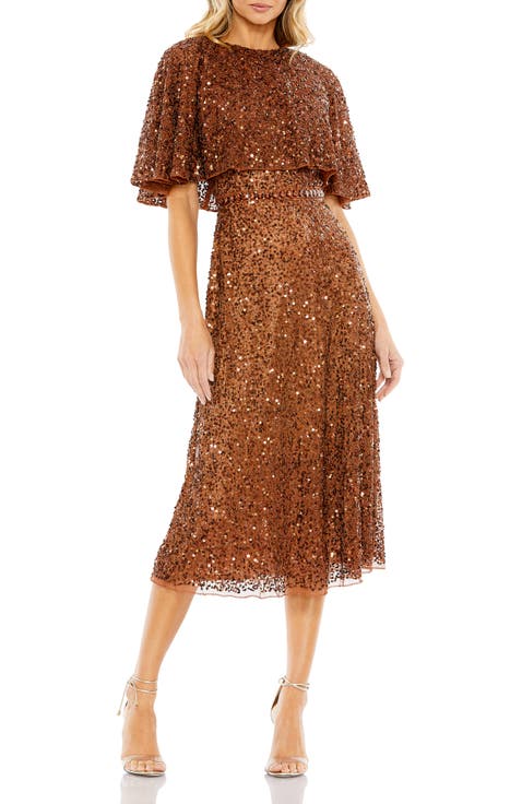 Women's Embellished Cape High Neck Midi Dress