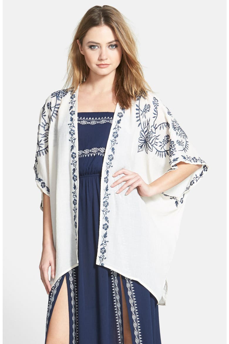 ASTR Embroidered Open Front Kimono, Main, color, CREAM/ NAVY