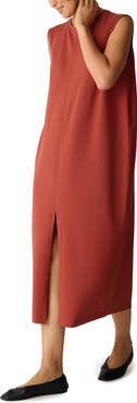Eileen Fisher Crew Neck Front Slit Midi Dress