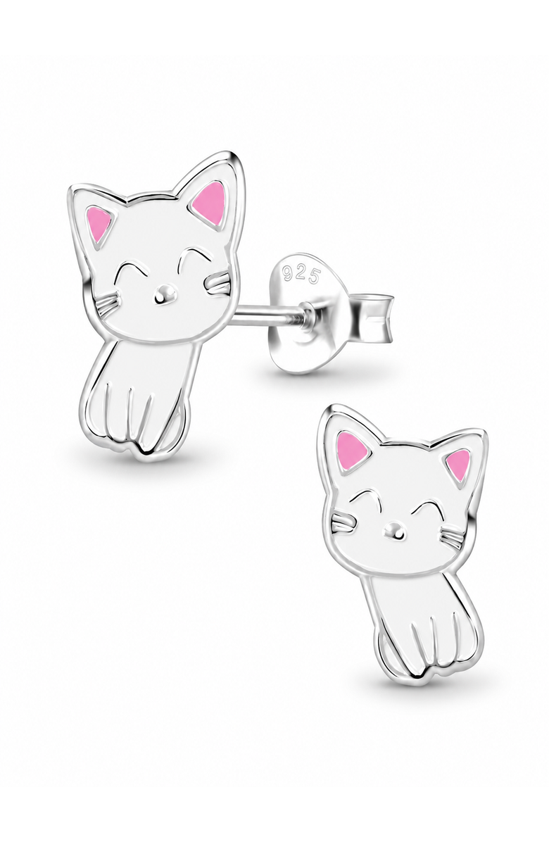 Mia Belle Girls Sterling Silver Stud Earrings Cute Cat, Main, color, Metallic Silver