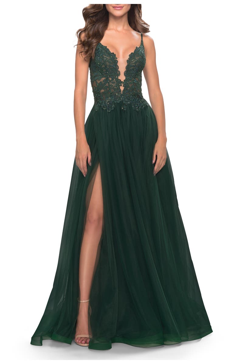 La Femme Tulle A-Line Gown with Lace Rhinestone Bodice, Alternate, color, Dark Emerald
