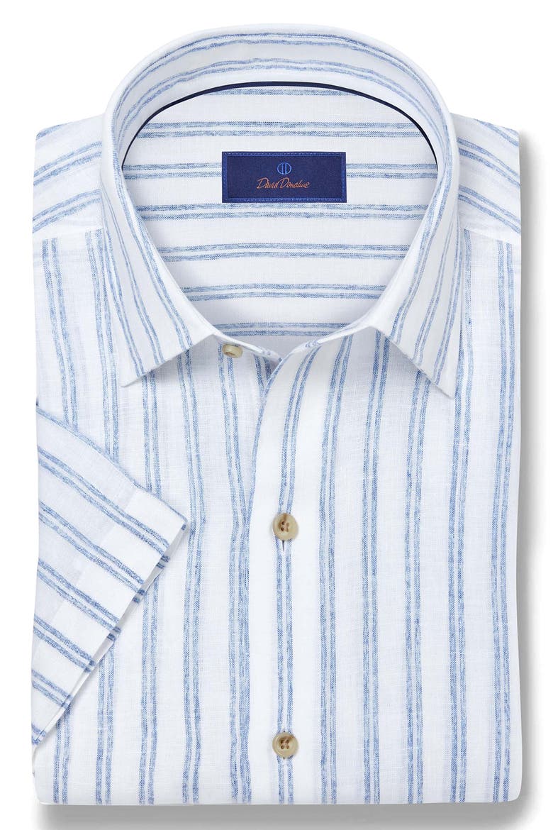 Stripe Short Sleeve Slub Linen Button-Up Shirt, Alternate, color, WHITE/ BLUE