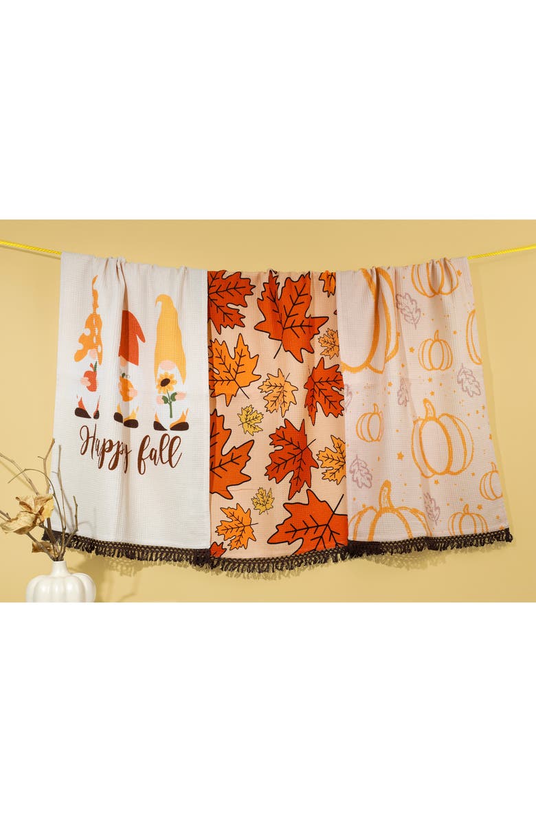 Tiramisu Happy Fall Gnome Set of 3 Kitchen Towels, Alternate, color, Orange/ Cream/ Brown
