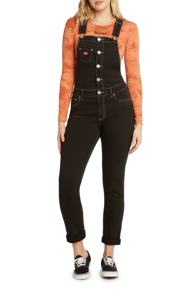 Button Front Denim Overalls, Main, color, BLACK