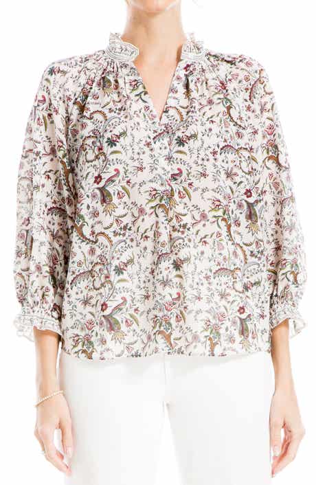 MAX STUDIO Ruffle Collar Puff Shoulder Top