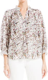 MAX STUDIO Ruffle Collar Puff Shoulder Top