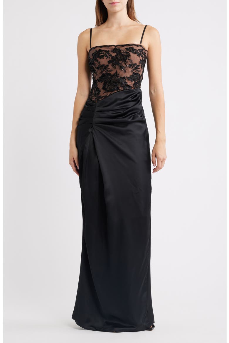 Eliette Lace & Satin Column Gown, Main, color, BLACK